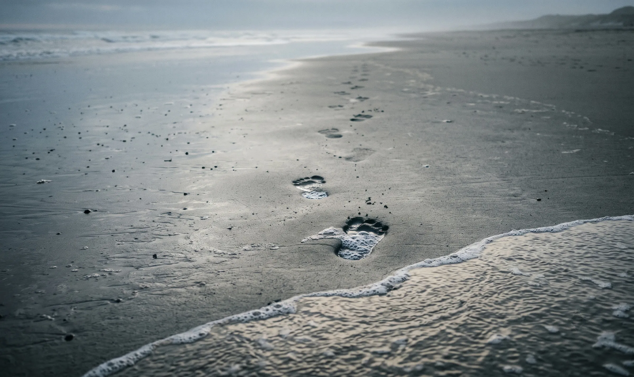 Footprints in wet sand being washed away by an incoming wave