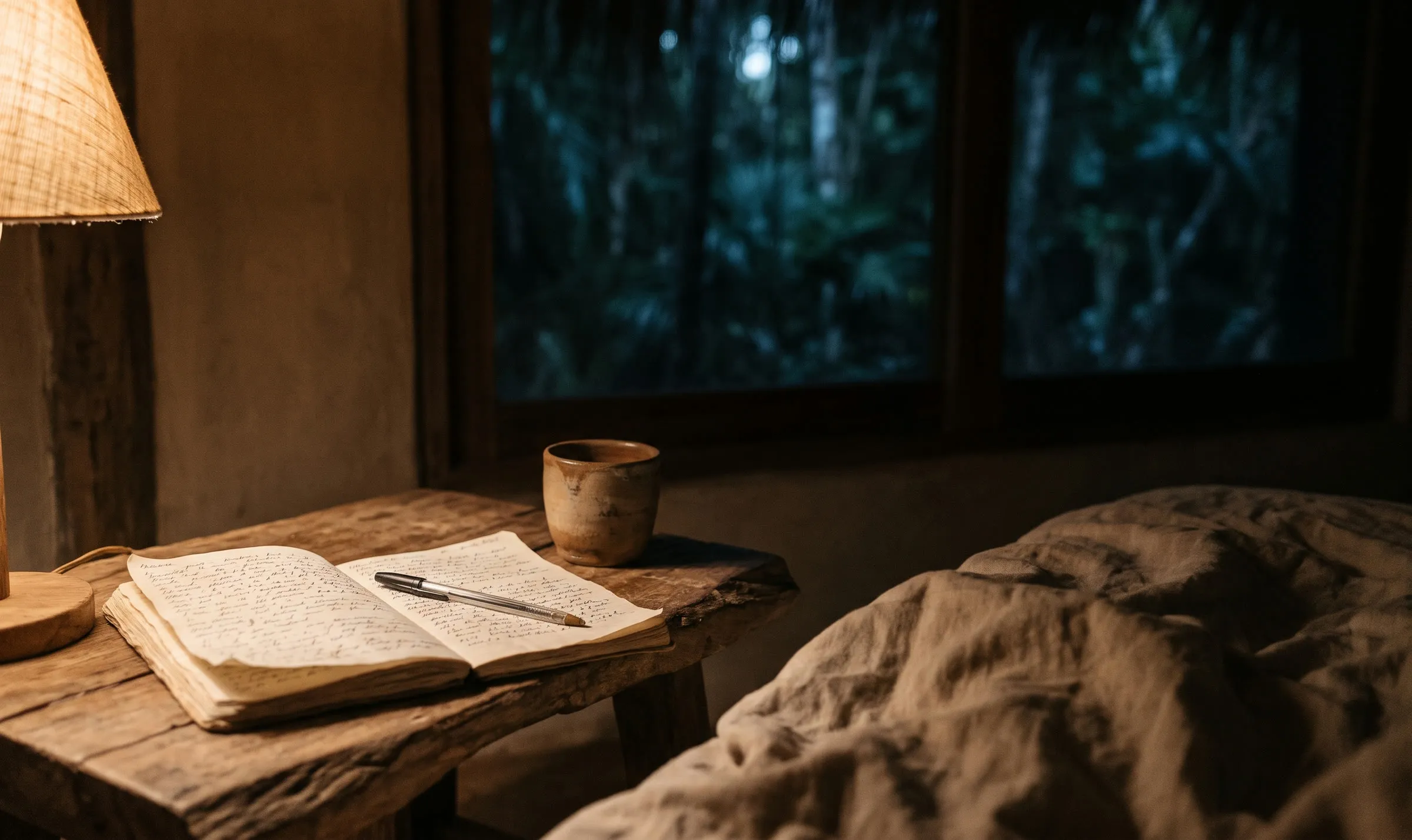 An open journal and pen on a wooden bedside table at night, a jungle window behind it