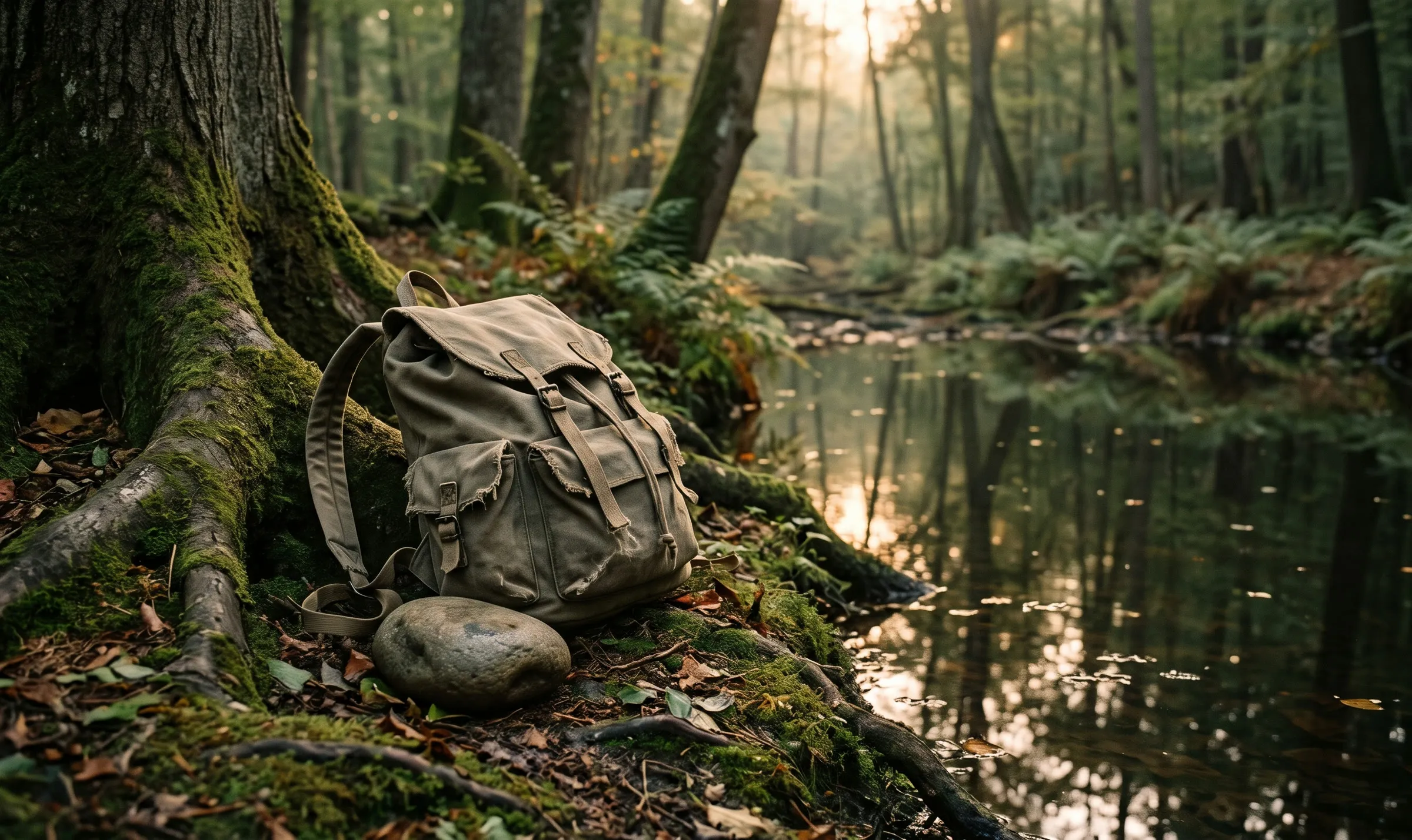 A worn canvas backpack set down against the mossy roots of a tree beside a still forest stream